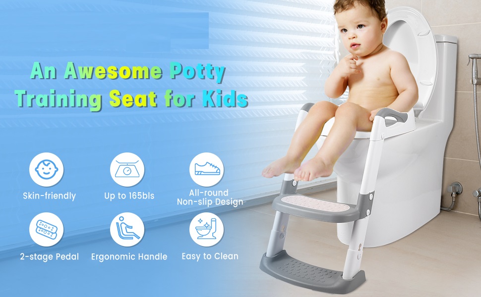 Grey + White 3 In 1 Potty Training Toilet Seat With Step Stool Ladder For 1-6 Year'S Old