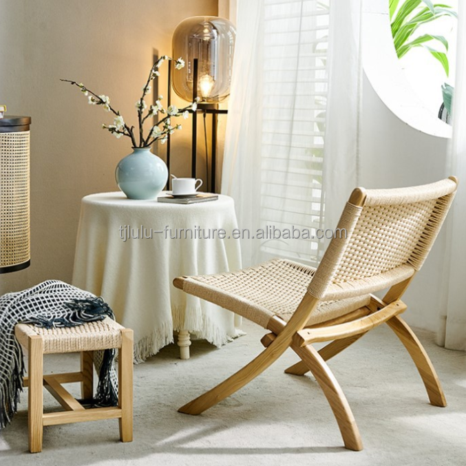 Hotel Living Room Furniture Nordic Style Solid Wood Leisure Chair with Woven Cord and Foldable Design
