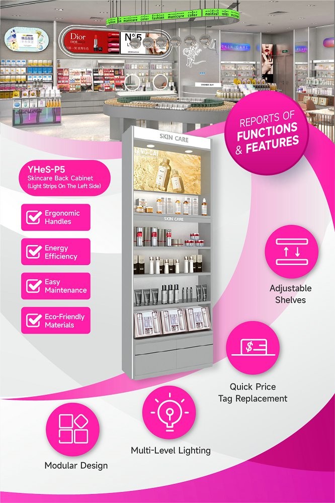 YHeS-P5 Multi-Level Lighting System Skincare Display Cabinet with LED Spotlights