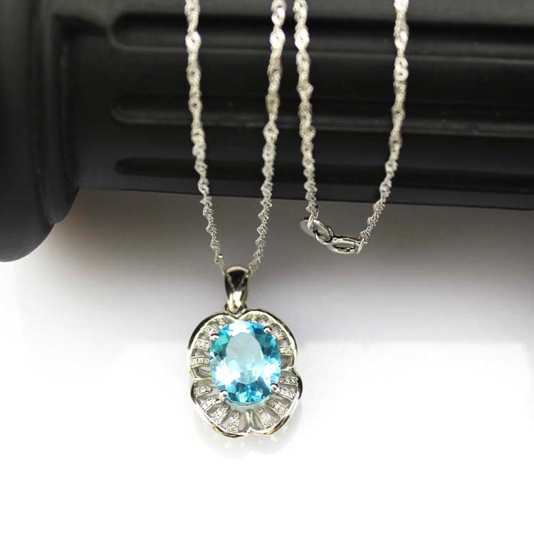 Sterling Silver Wave Chain 9x11mm Blue Topaz Cubic Zirconia Pendant Necklace(P01)