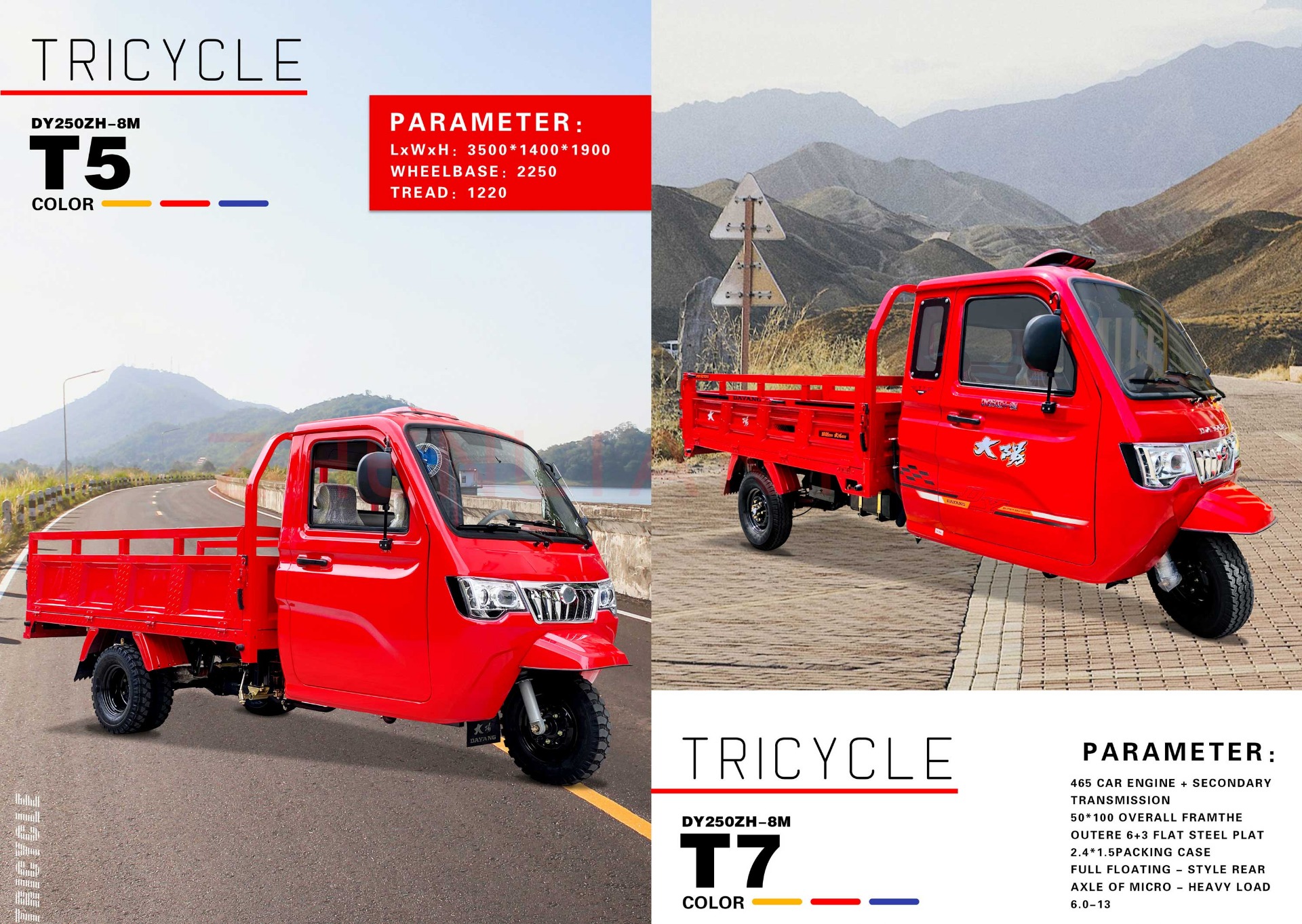 Dayang 3wheels Motorcycle Tricycle with Customized Cargo Box Size 2.4*1.5 and 12V Power