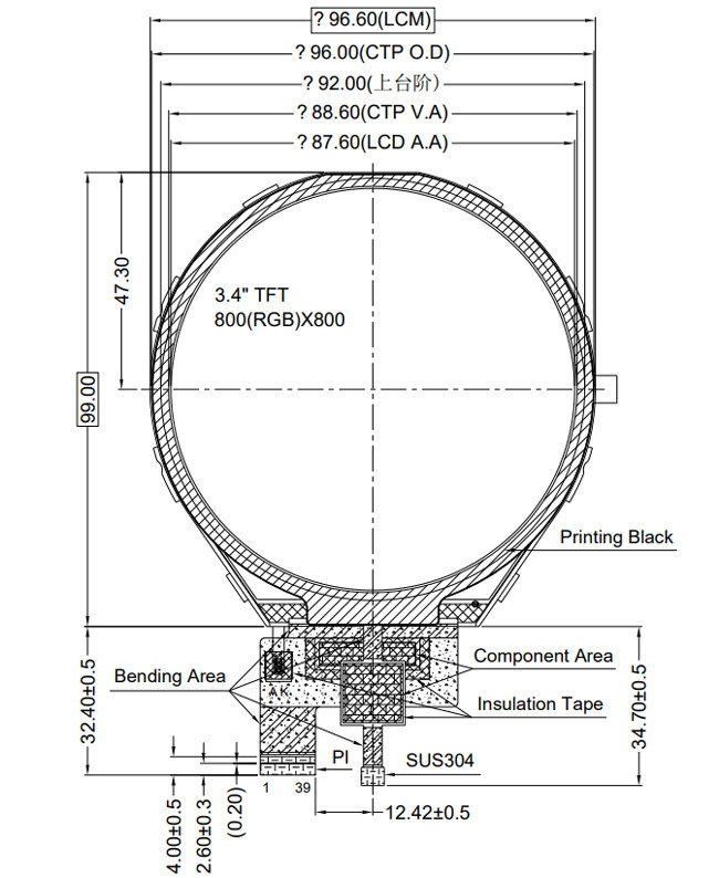 800x800 IPS Circular LCD Display , Round TFT LCD 3.4" MIPI Interface With CTP