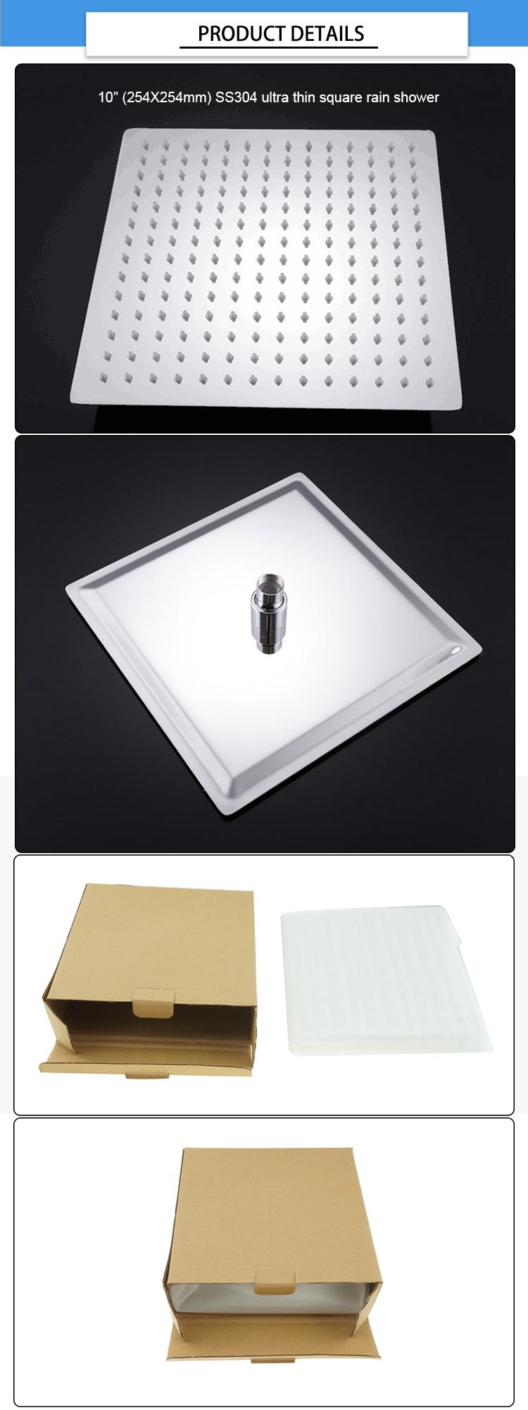Ultra Thin 1.200kg SS304 10 Inch Square Rain Shower Head