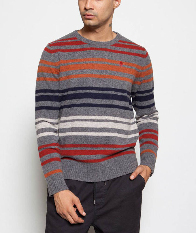 Men's 100% lambswool knitted Striped Sweater with woven elbow patch