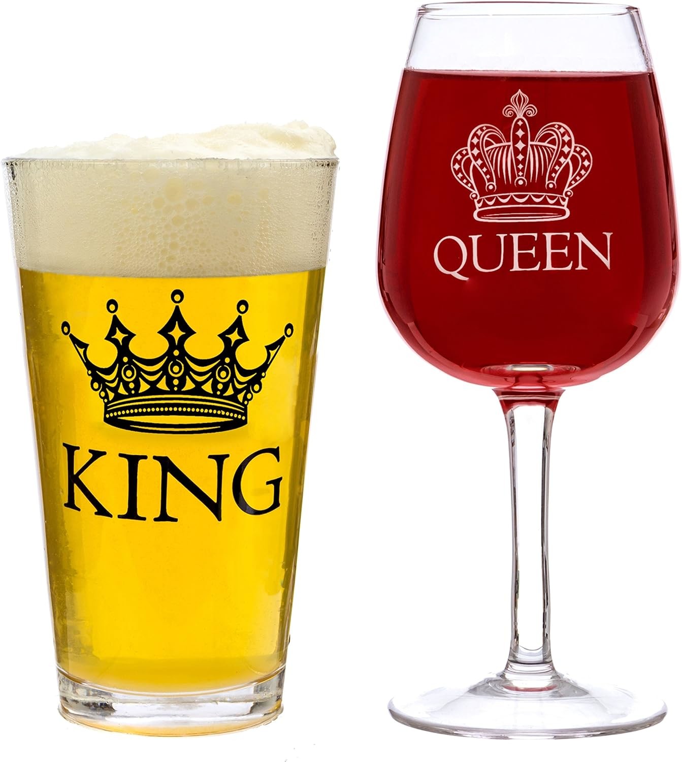 King Beer & Queen Wine Glass Set For Newlyweds Anniversaries
