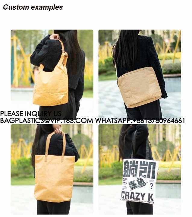 Untearable Washable Promotional Recycled Custom Logo Printed Waterproof Washable Coated Tyvek Kraft Paper Tote Bag