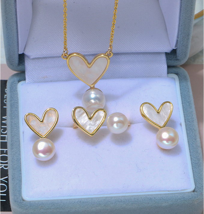 Natural Pearl Shell Chokers Necklace Heart Shape 925 Sterling Silver Necklace Shell Earring Ring Jewelry for Women Gift