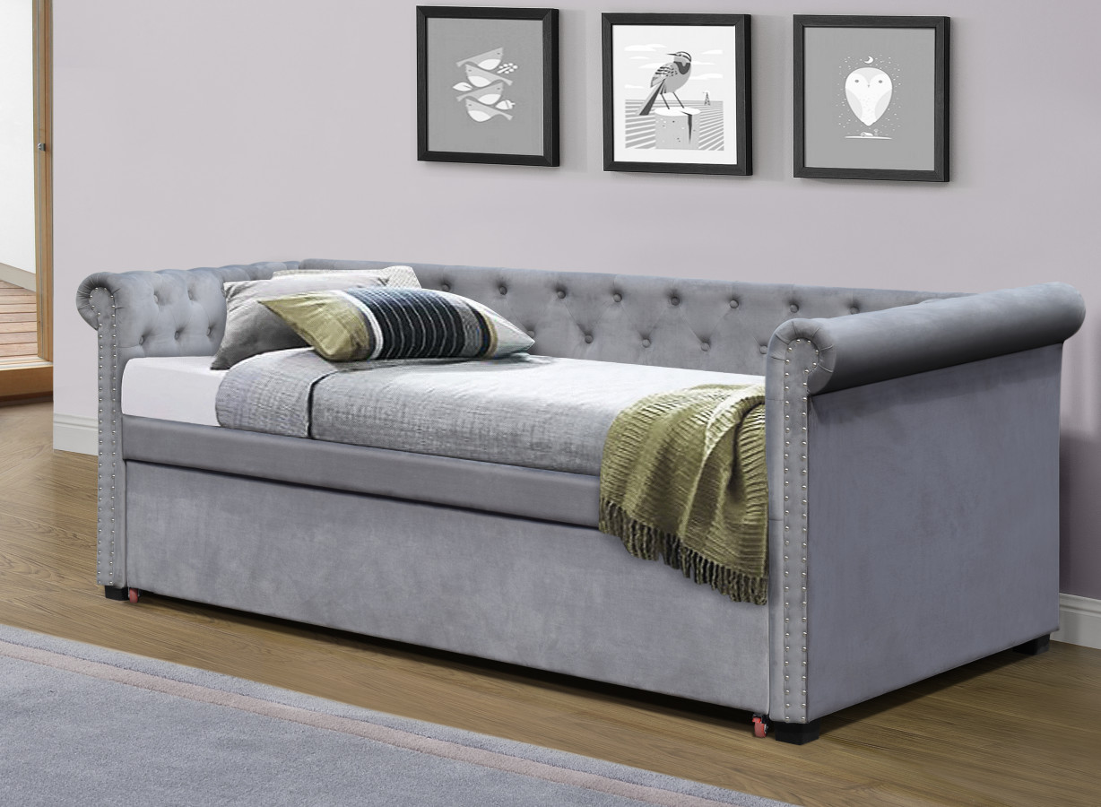 Grey Colour Multifunctional Upholstered Trundle Daybed With Storage
