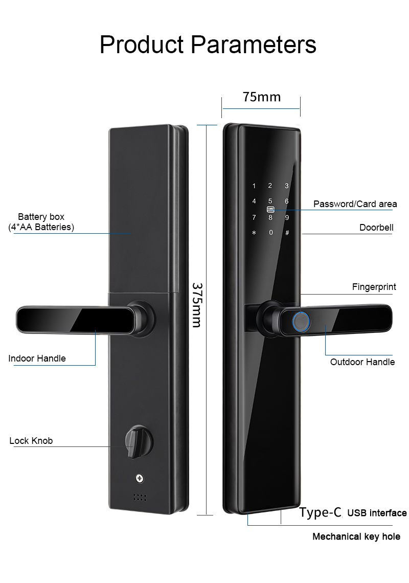 Key Password Card Fingerprint Smart Lock Aluminum Alloy and Tempered Glass