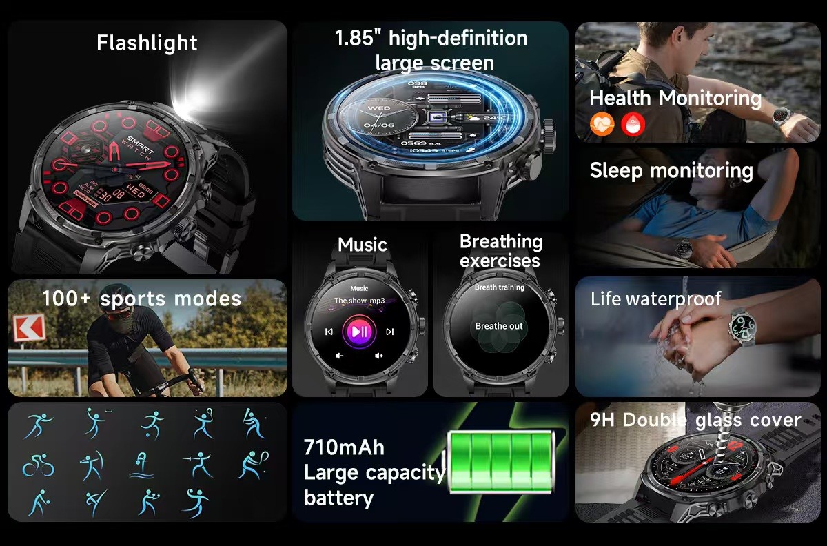 V99 Outdoor Sport Smart Watch 1.85 Inch AMOLED Screen 3D Menu Strong Flashlight For Men