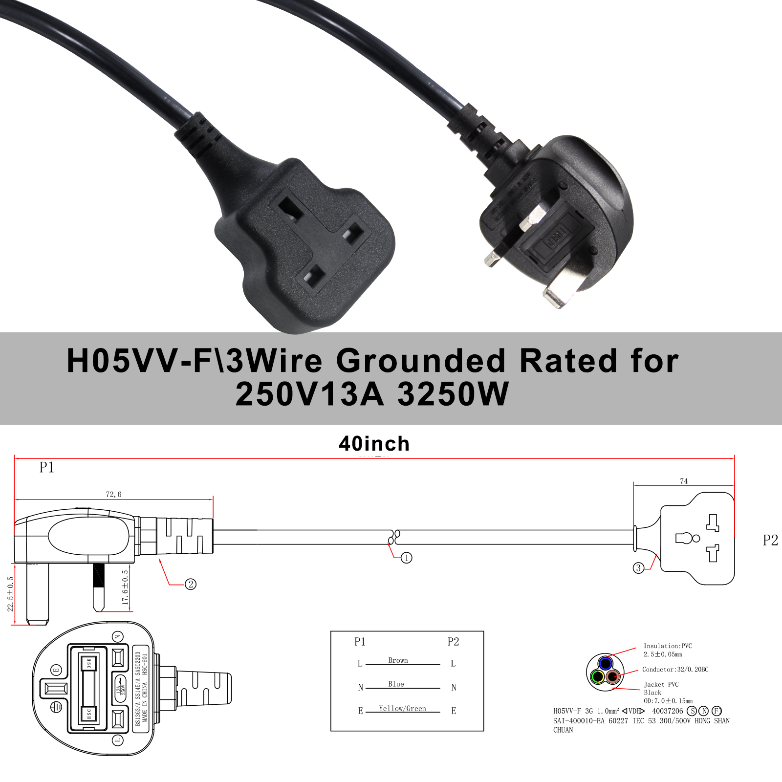 1M Electric Power Cord 13A 250V Ac Extension Cable For Rice Cooker