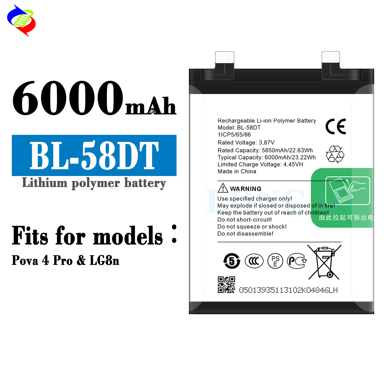 BL-58DT 4.45V 6000mAh Genuine Capacity Lithium Polymer Battery for Tecno Pova 4 Pro