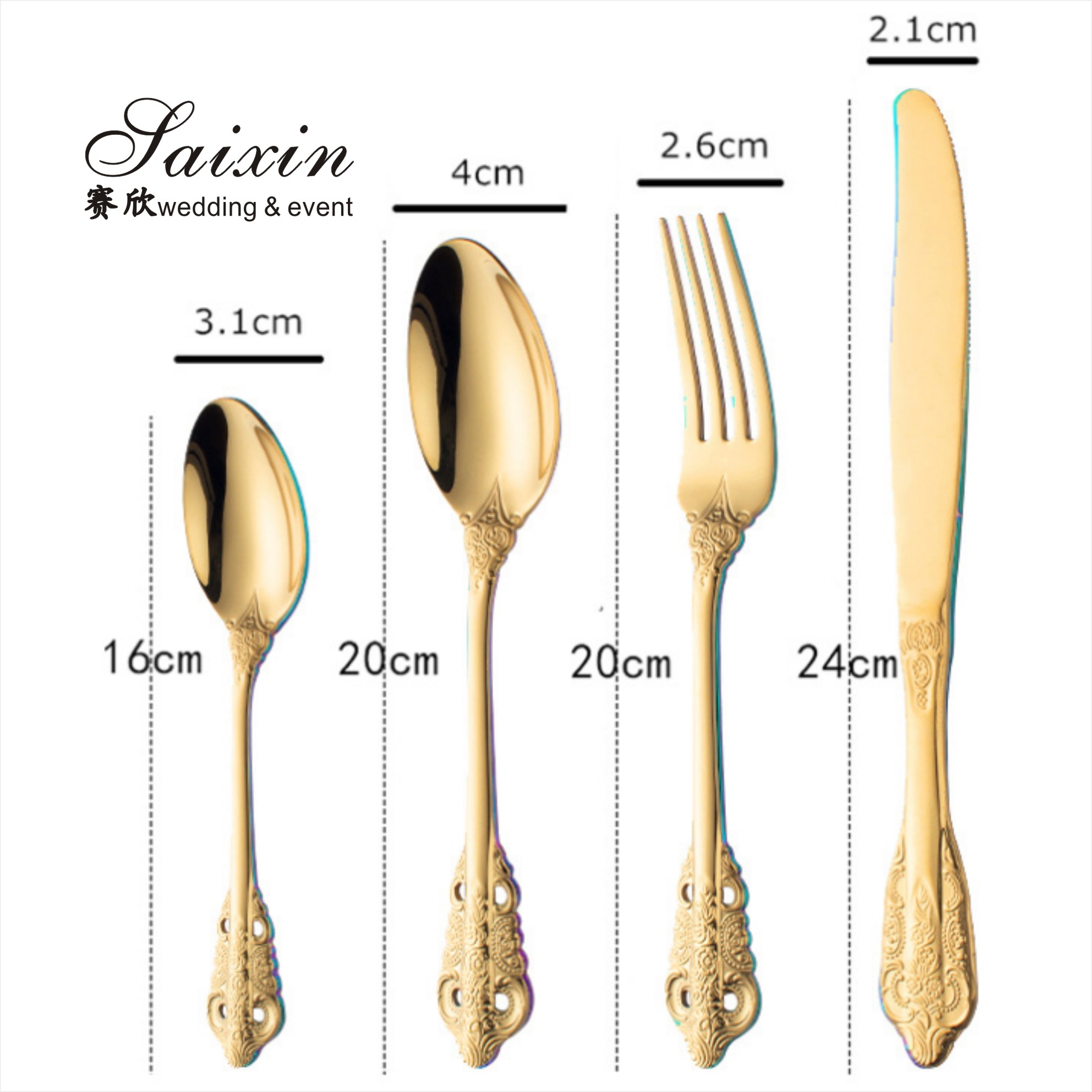 SX-GP-012 Luxury vintage stainless steel knife fork spoon 4pieces set cutlery for wedding dinner party
