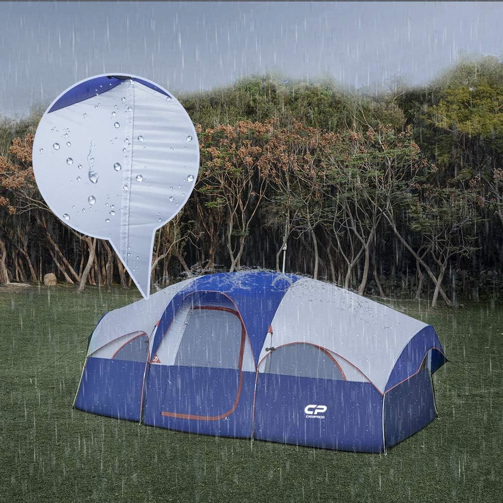 CAMPROS CP Tent 8 Person Camping Tents, Weather Resistant Family Tent, 5 Large Mesh Windows, Double Layer, Divided