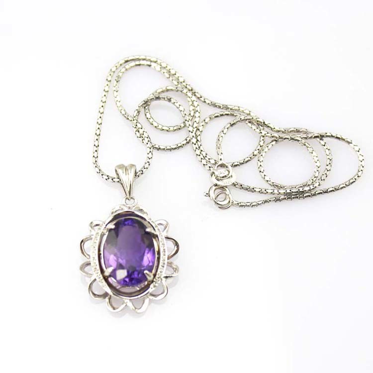 925 Sterling Silver 10mmx14mm Amethyst Cubic Zirconia Pendant and Silver Chain (PSJ0182)