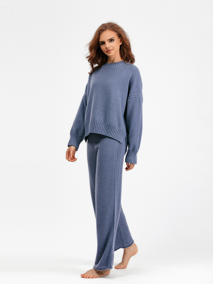 Women s Sweaters with Pullover Closure for Outdoor Activities in Fall Season Knitted long sleeved sweater wide leg pants