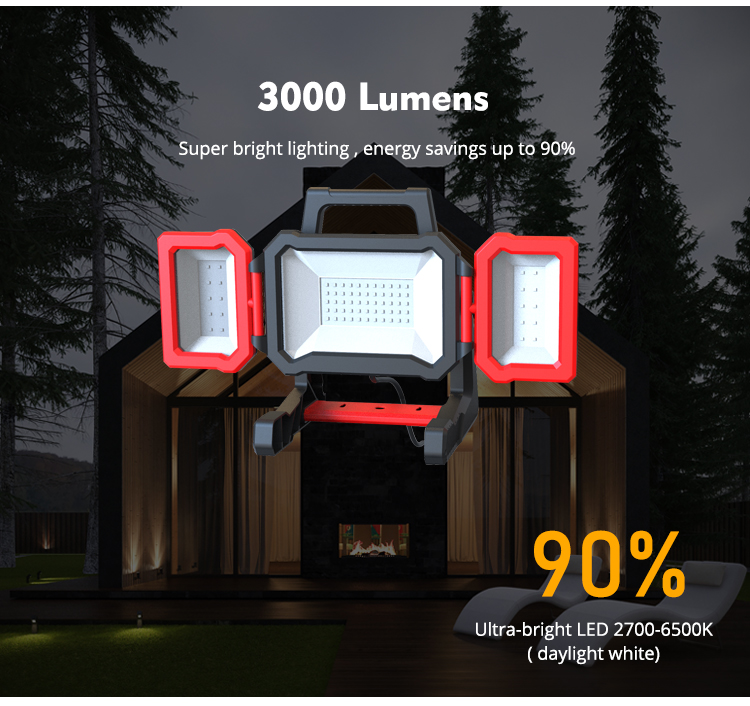 3000LM Folding Outdoor Working Light IP54 Portable Flood Light Rechargeable