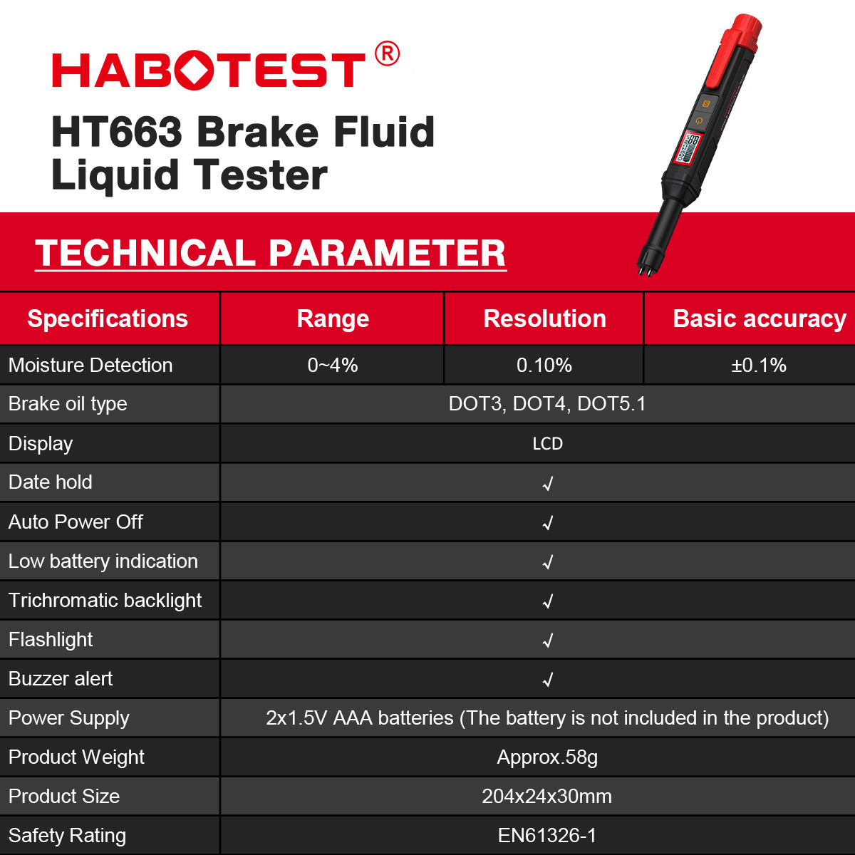 HT663 Car Brake Fluid Tester Meter Liquid Oil Tester Analyzer For DOT3 DOT4 DOT5.1 Brake Oil Quality Check Pen