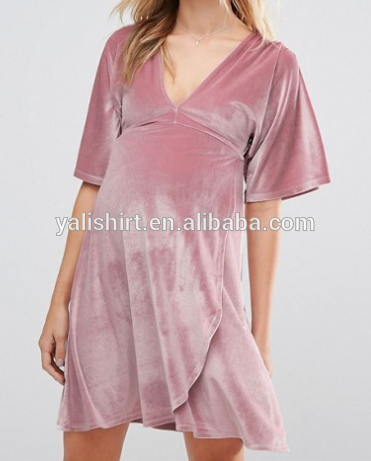 China factory custom v neck kimono sleeve velvet plunge mini maternity dress