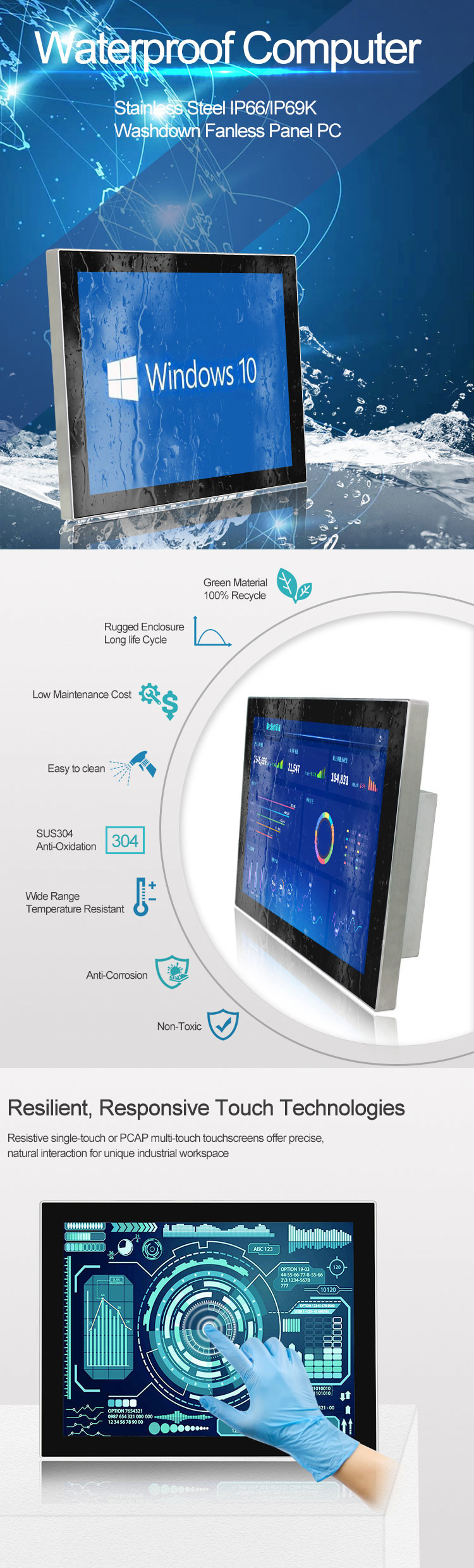 Industrial 17" HMI Windows Touch Screen Computer IP68 IP67 IP66 Waterproof