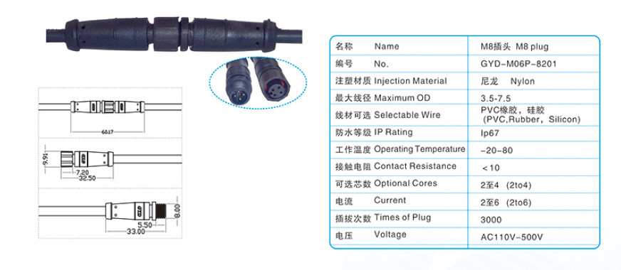 M8 Nylon Threaded Butt Waterproof Aviation Plug 2 3 4 5pin Signal Connector