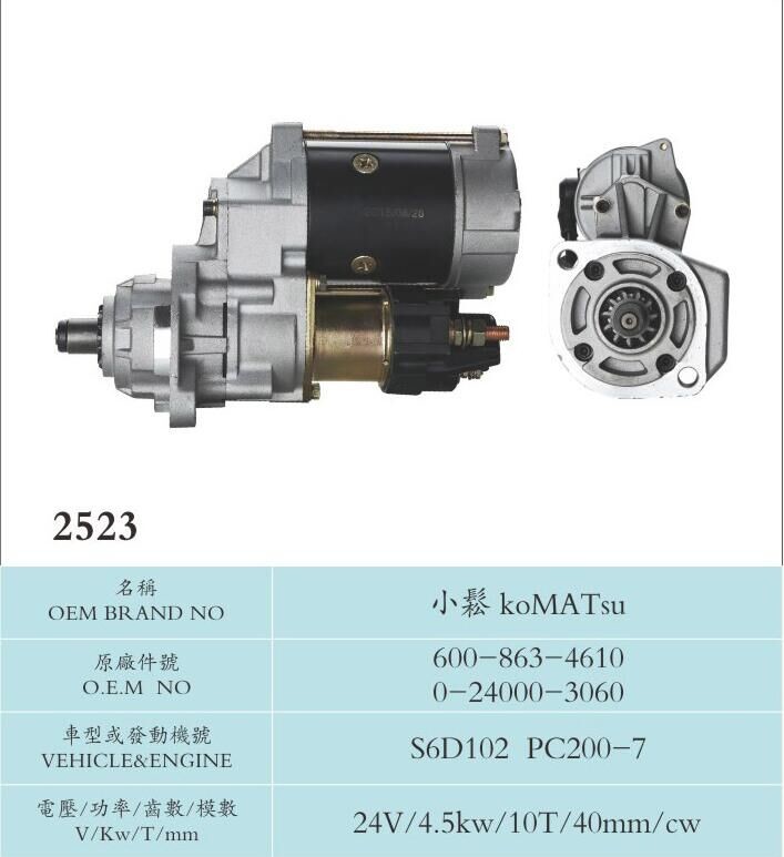 Komatsu Hs Code 8511409900 Nikko Starter Motor ISO9001 / TS16949 Quality System 600-863-4610 0-24000-3060 S6D102 PC200-7