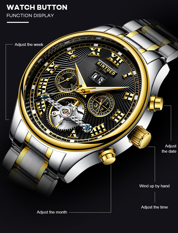 Black Dial Tourbillon Mechanical Watch Stainless Steel Skeleton Watch