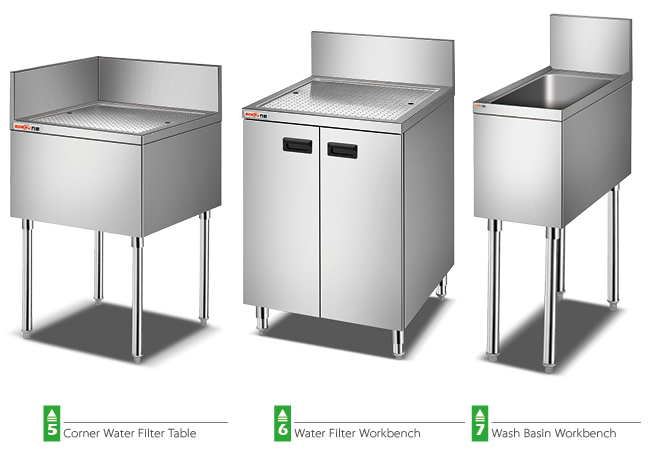 Catering Industry Corner Water Filter Table / Stainless Steel Wash Basin Work Table
