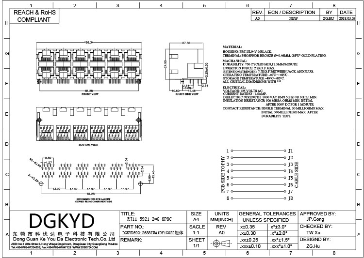 DGKYD59212688IWA1DY1G022 2x6 Multiport RJ45 Connector All Plastic 8P8C