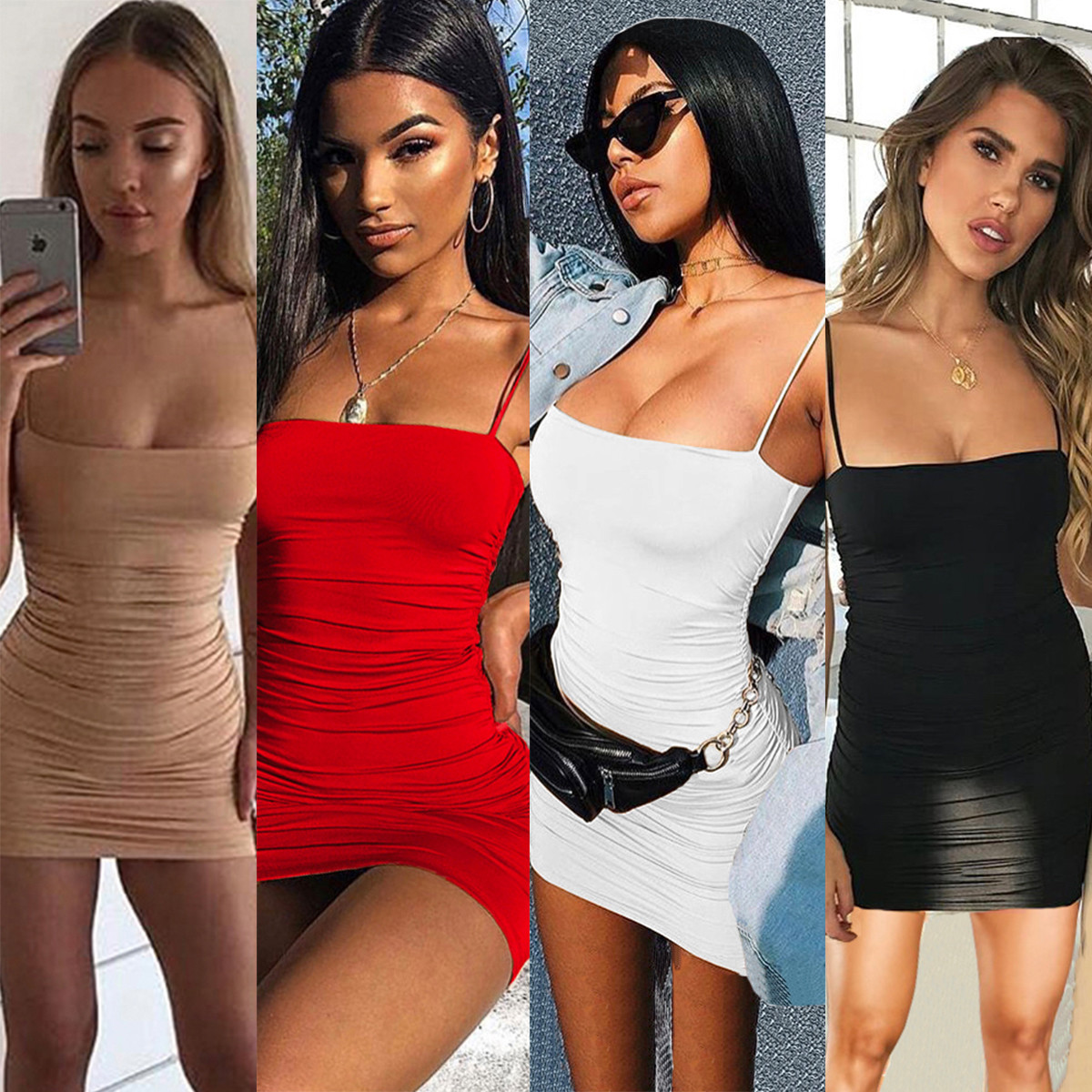 Spaghetti Straps Club Stretch 66cm Sleeveless Pleated Bodycon Dress