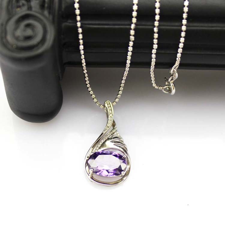 Women Silver Jewelry Oval 9mmx13mm Amethyst Cubic Zircon Pendant(P41)