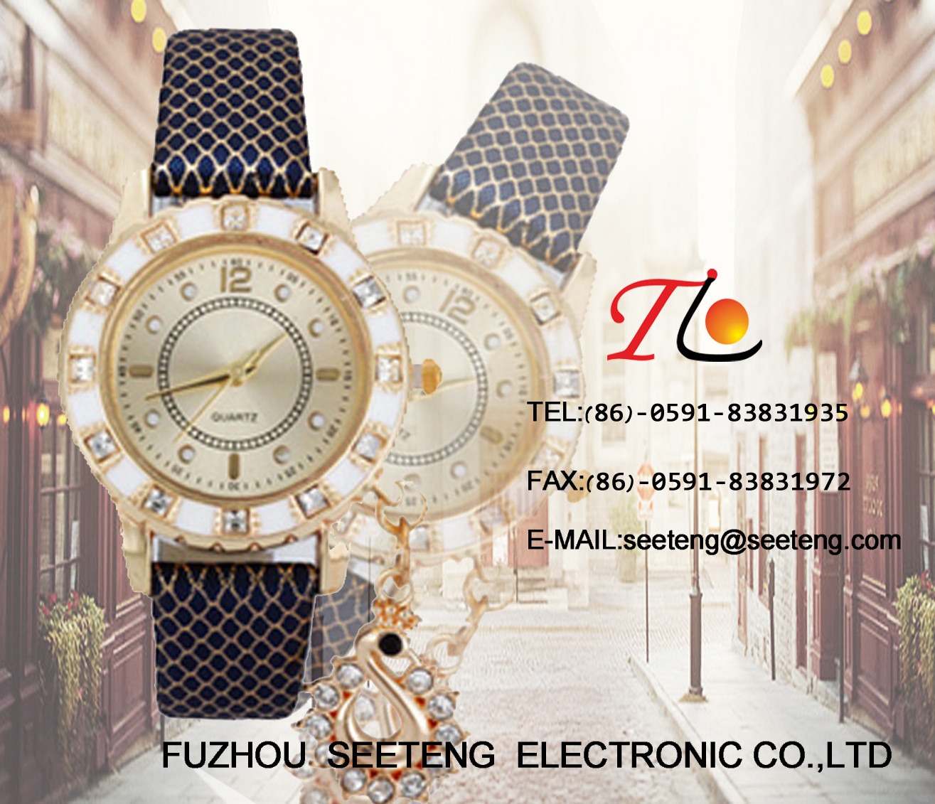 snakeskin texture PU leather band and golden diamond inset case with a hanging drop for ladies watches
