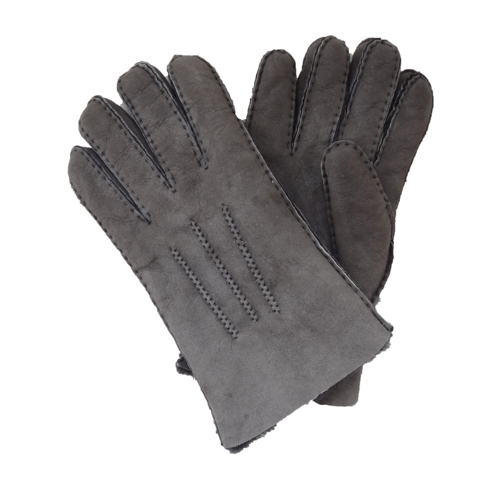 Grey Color Men Winter Shearling Gloves, Merino Lamb Fur Warm Classic Gloves