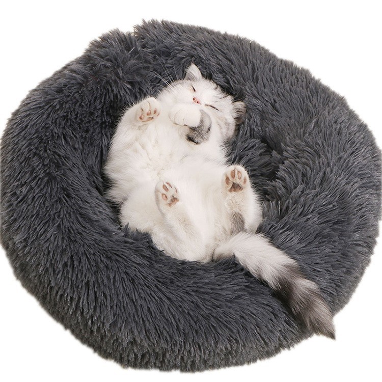 grey fluffy dog bed