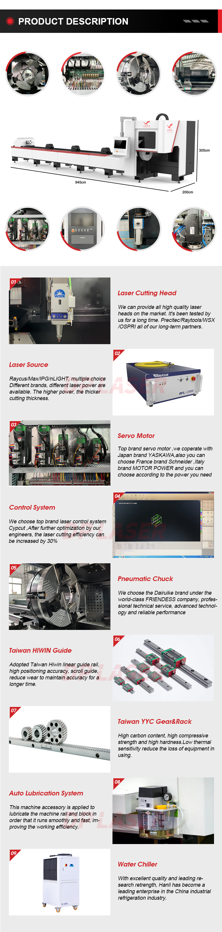6012 6016 6022 6032 6035 6040 6052 CNC Automatic Metal Round Square Pipe Tube Fiber Laser Cutting Machine