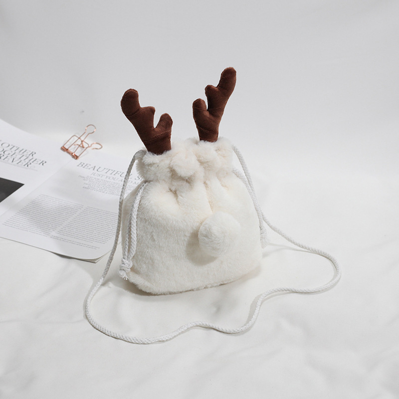 Luxury Christmas Drawstring Bag Winter Fluffy Reindeer Antler Handbag