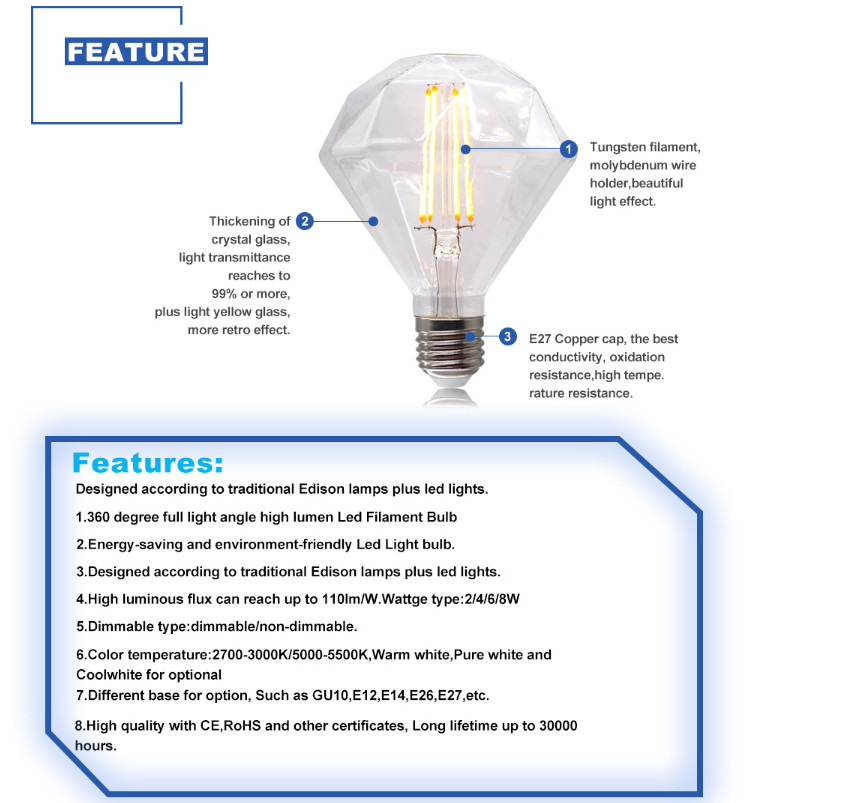 800lm E27 4W LED Vintage Bulb D95 2700k Edison Screw Bulb Diamond Filament