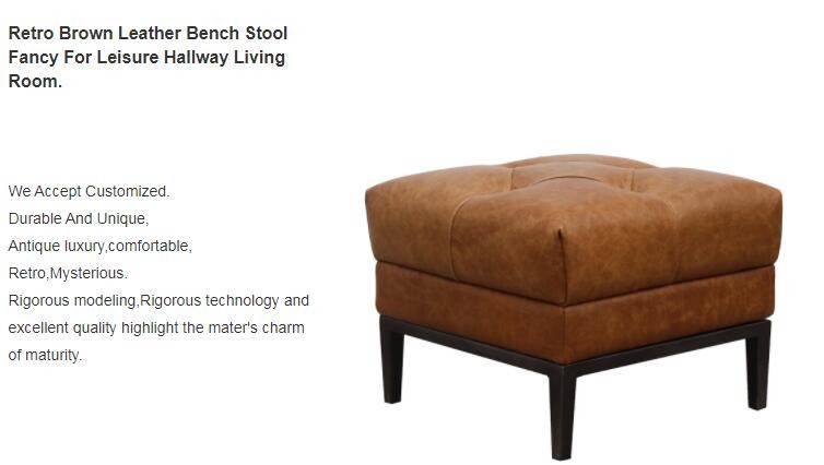 Vintage H49cm Wood Leather Ottoman Footstool For Living Room