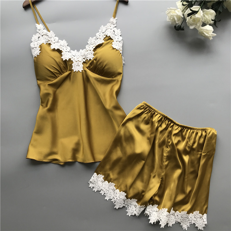 Breathable Women Pajamas Sleepwear Satin Two Piece Lace Lingerie Set V Neck