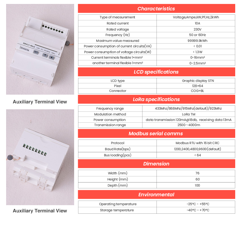 EM415-Mod-WL Single Phase LoRa Energy Meter with 4 Modules -25 to 75 Degree Operation