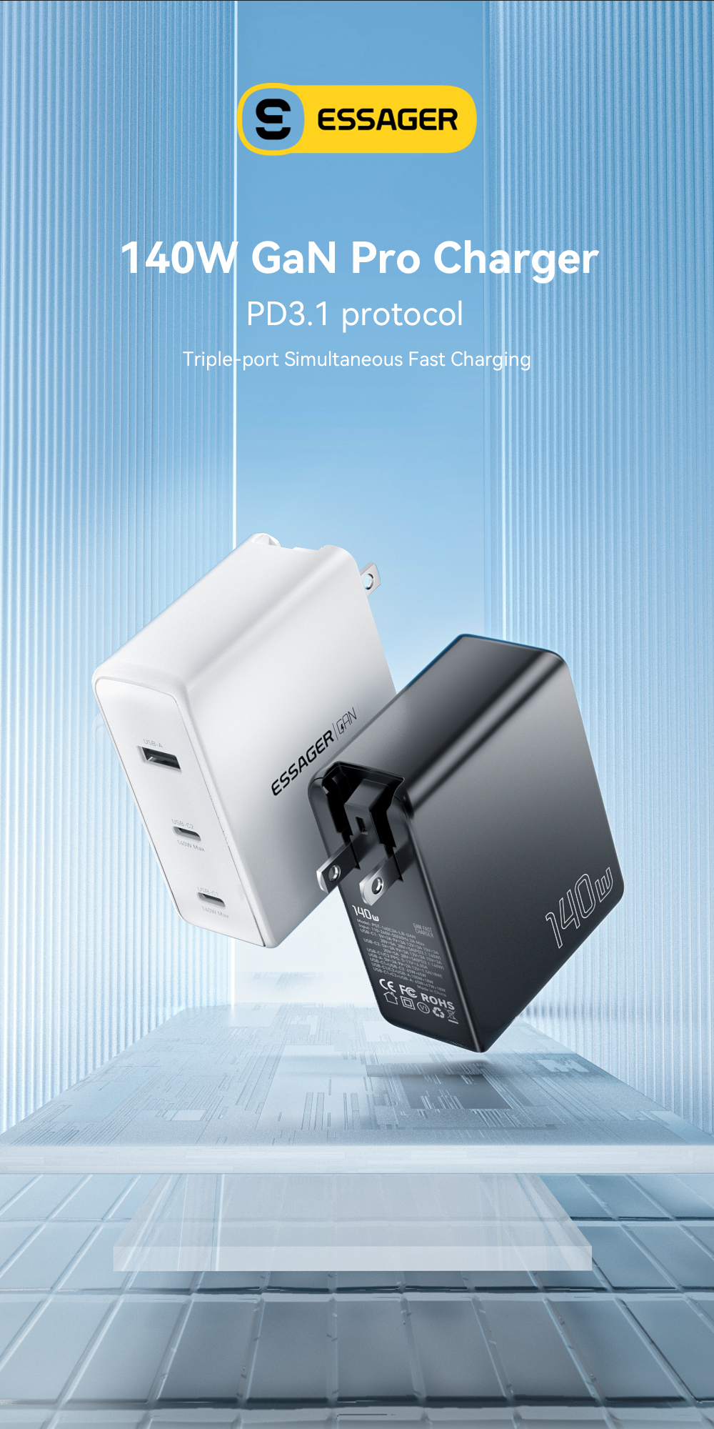 Mobile Phone GaN Chargers 140W With 3 Ports In 1 USB A 2 Type C PST-140C2A-LB-GAN Series
