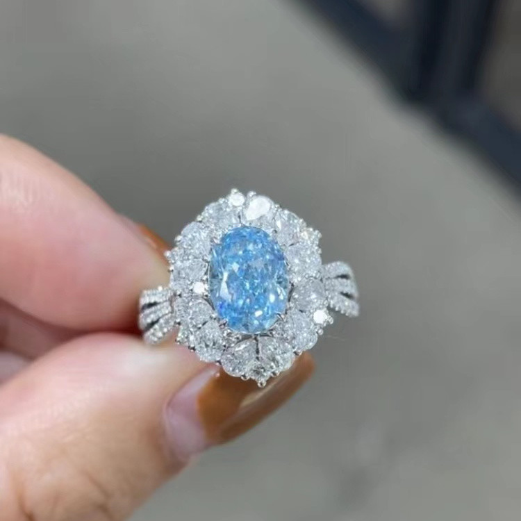 IGI Certified Lab Diamond Jewelry 1.99ct Blue Oval Cut Wedding Ring