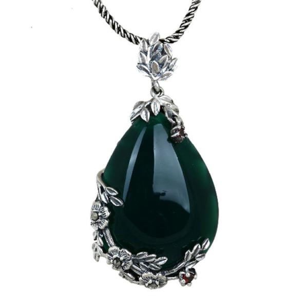 Vintage Jewelry 925 Silver Marcasite Drop Green Agate Pendant Necklace 18 Inches