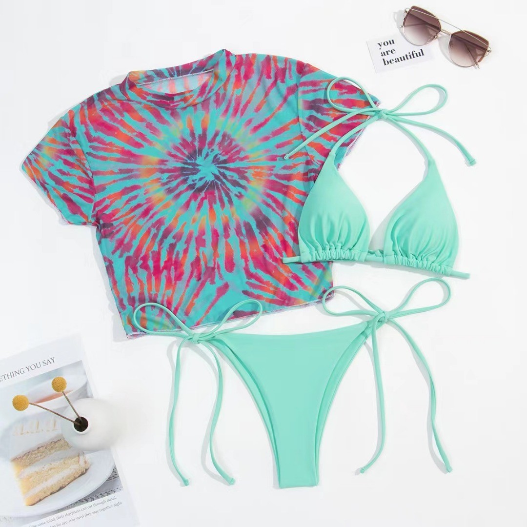 Slim Bikini Three Piece Swimwear Tether Pleated Skirt Three Piece Bathing Suit