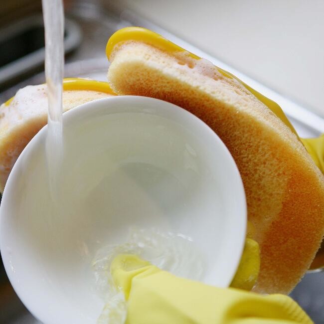 Yellow Unique Dishwashing Sponge Gloves Oil Proof Natural Latex Length 35cm