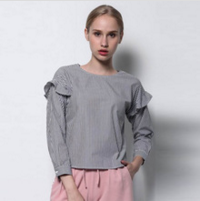 Ladies Short Sleeve Plaid Blouse With Ruffle