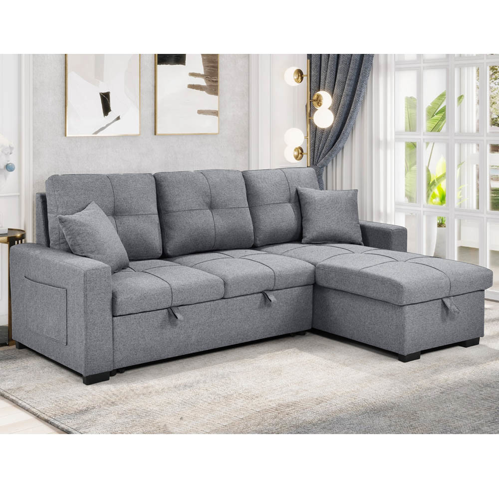 L-Shaped Reversible Sectional Sleeper Sofa with Pull-Out Bed and Storage,Gray Fabric