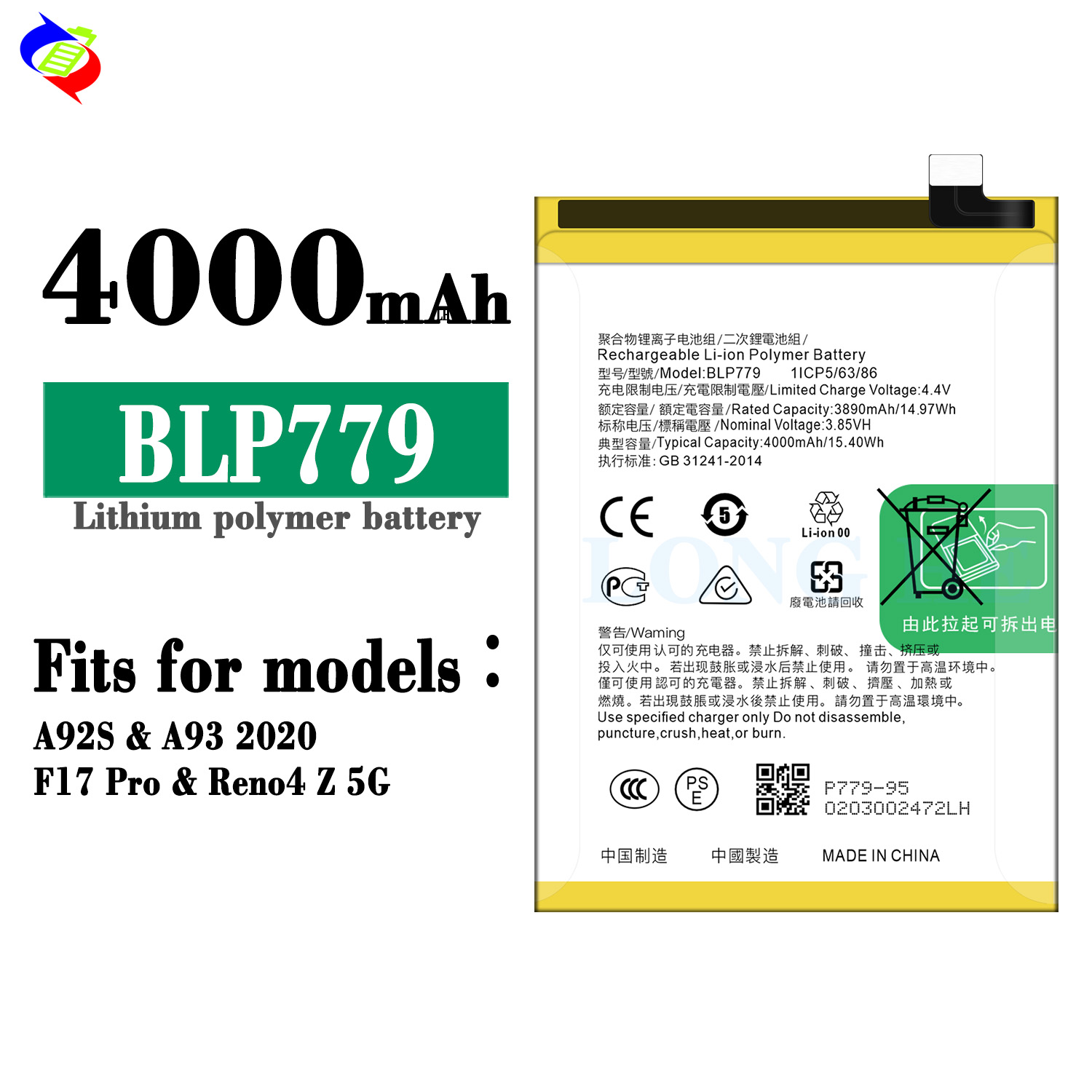 Original 100% Capacity Li-ion Polymer Battery BLP779 for OPPO A92S A93 2020 F17 Pro Reno4 Z 5G