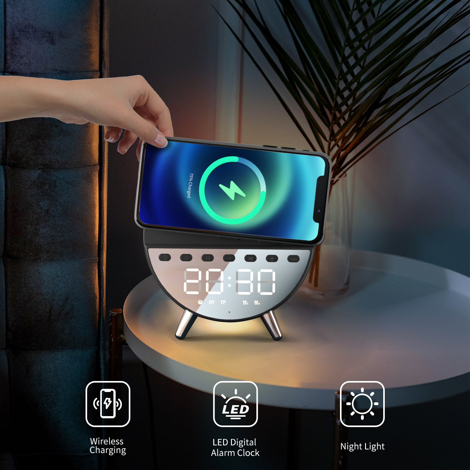 15W Fast Charging Wireless Charger with Bluetooth Speaker and Light 131*75*146MM Body Size