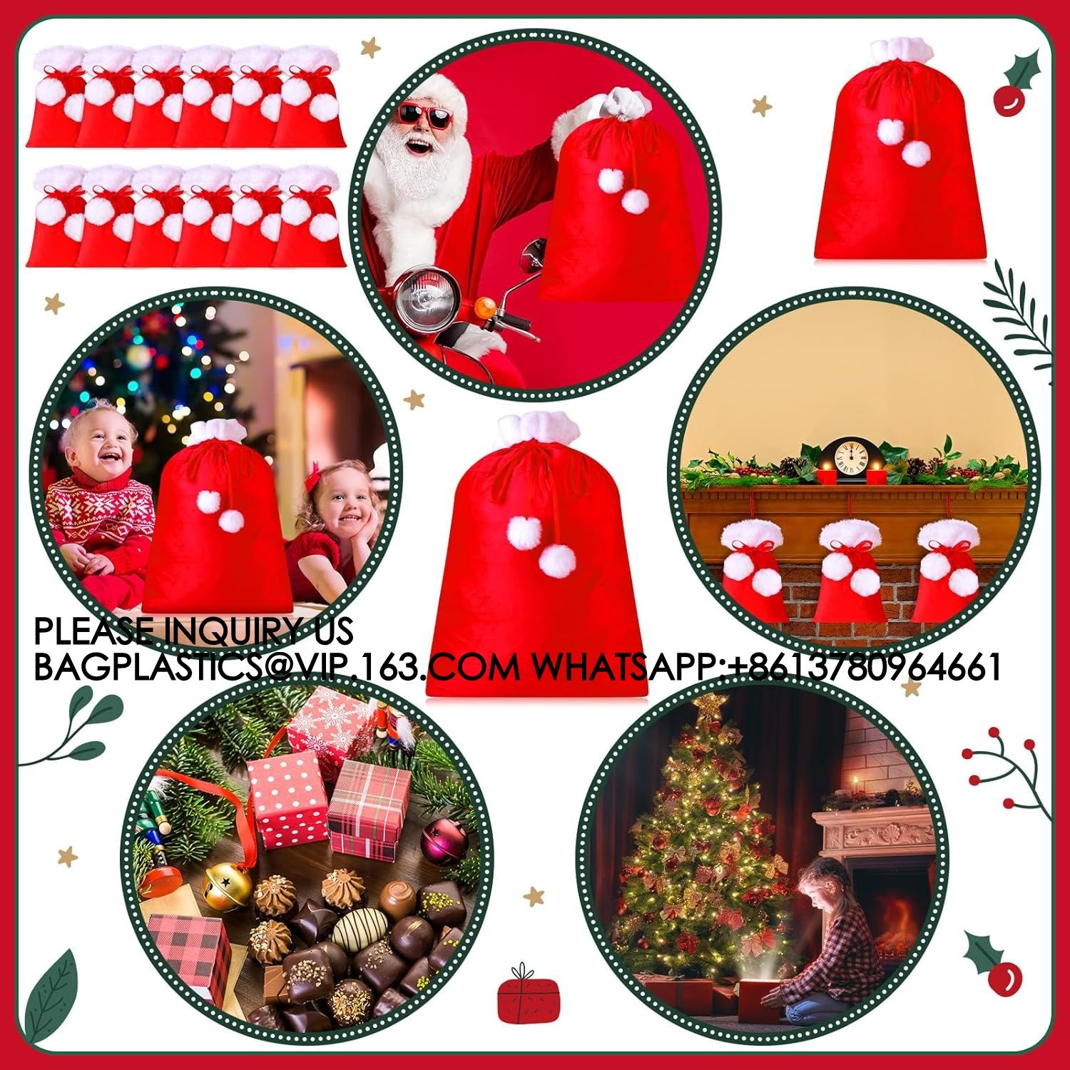 Santa Velvet Gift Bags Bulk Gift Bags Poms Christmas Gift Sack Xmas Velvet Drawstring Bag For Present Wrapping